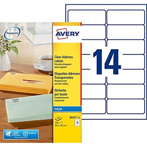 AVERY J8563–25 350 Etiketten, transparent, selbstklebend, anpassbar, 99,1 x 38,1 mm Für Tintenstrahldrucker. von Avery