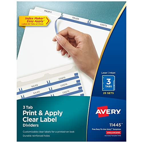 Avery 11445 Ordner-Trennblätter mit 3 Registern, einfaches Drucken und Auftragen, transparenter Etikettenstreifen, Indexstift, weiße Reiter, 25 Sets Avery 11445 Ordner-Trennblätter mit 3 Registern, einfaches Drucken und Auftragen, transparenter Etikettenstreifen, Indexstift, weiße Reiter, 25 Sets von Avery