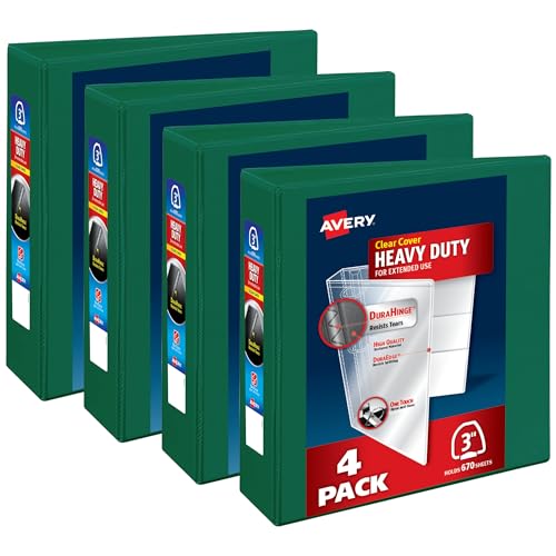 Avery Heavy Duty View 3-Ringbinder, 7,6 cm One-Touch-EZD-Ringe, 670 Blatt, 8,9 cm breiter Rücken, anpassbarer transparenter Deckel und Rücken, grüne Ordner (4 Stück 79109) von Avery