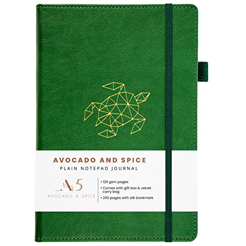 Avocado & Spice Notizbuch A5 Blanko – Zeichenblock A5 als Sketchbook A5, Notizblock usw. – A5 Scrapbook mit Geschenkbox, Samtbeutel, Lesezeichen, elastischem Band & Stifthalter, 200 Seiten, Grün von Avocado & Spice