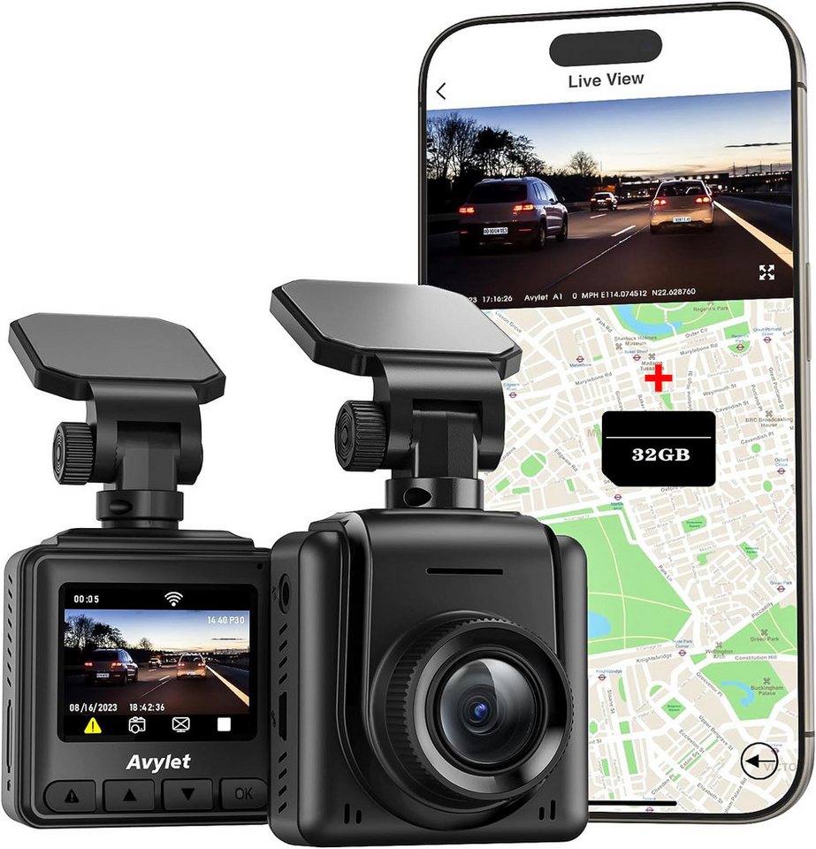 Avylet Full HD Dashcam Mini Vorne Autokamera Unterstützt externes GPS-Modul Dashcam (1440P HD, WLAN (Wi-Fi), Dashcam mit 1,5" IPS Bildschirm,App-Steuerung,360° Bewegungsaufnehmer, Kollisionsdetektion,WDR,24 Std.Parkmodus,170°Weitwinkel,OTA-Update) von Avylet