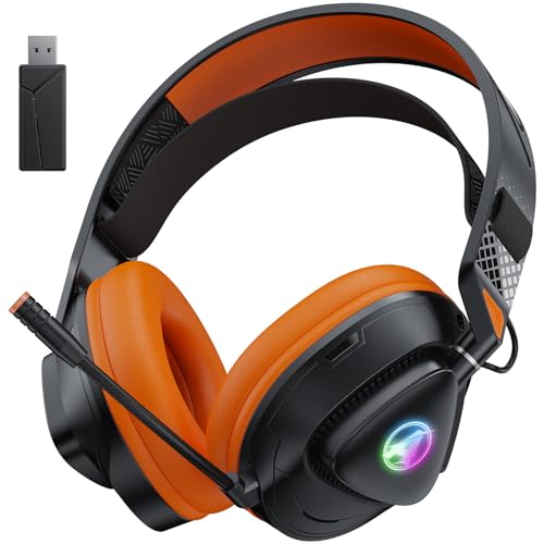 Awinnasey PH3 Wireless Gaming Headset für PS5, PS4, Switch, PC, Mac, Bluetooth Kopfhörer mit Abnehmbarem Mikrofon, Leichtes Bluetooth Headset mit RGB Licht, 50 Stunden Akku, Schwarz Orange von Awinnasey