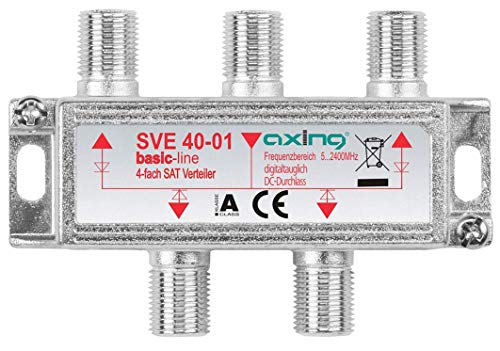 Axing SVE 40-01 4-Fach SAT-Verteiler Splitter mit DC-Durchgang für Satelliten-Anlagen Unicable DVB-T2 HD (5-2400 MHz) Class A von Axing