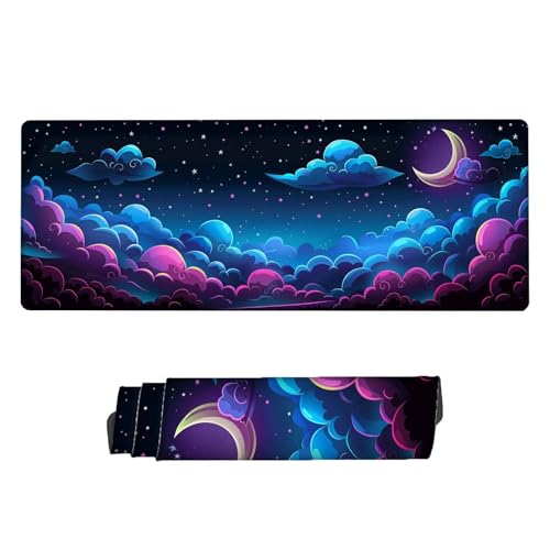 Gaming Mauspad Blau Mousepad XXL 900 x 400 x 3 mm, Schreibtischunterlage Mond, rutschfeste Gummibasis, Wasserdicht Mauspad Gaming, Großes Mousepad mit Vernähte Kanten, Mauspad Gaming Zubehör L-0 von Aynaeinn