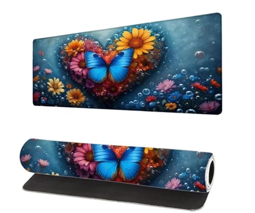 Gaming Mauspad Blau XXL 1000x500x3mm, Schmetterling Mousepad groß Schreibtischunterlage, Mouse Pad mit Vernähte Kanten, WassXerdicht Anti-Rutsch Mousepad, Verbessert Präzision und Geschwindigkei Z-6 von Aynaeinn