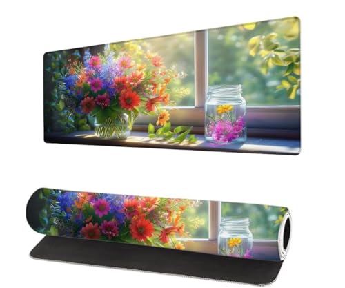 Gaming Mauspad Blume XXL 800x400x3mm, Fenster Mousepad groß Schreibtischunterlage, Mouse Pad mit Vernähte Kanten, WassXerdicht Anti-Rutsch Mousepad, Verbessert Präzision und Geschwindigkei S-1 von Aynaeinn