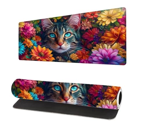 Gaming Mauspad Blume XXL 800x400x3mm, Katze Mousepad groß Schreibtischunterlage, Mouse Pad mit Vernähte Kanten, WassXerdicht Anti-Rutsch Mousepad Desk Pad, Verbessert Präzision und Geschwindigkei T-0 von Aynaeinn