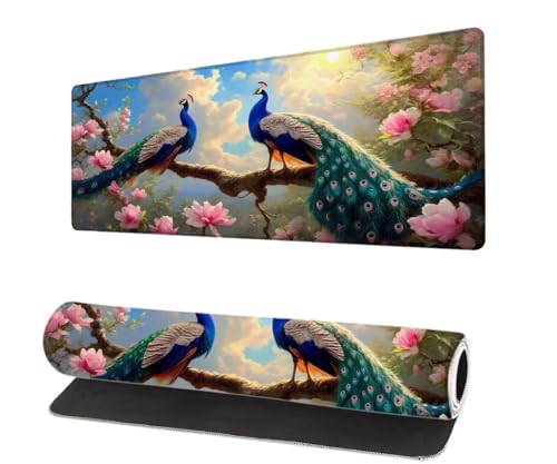 Gaming Mauspad Blume XXL 800x400x3mm, Pfau Mousepad groß Schreibtischunterlage, Mouse Pad mit Vernähte Kanten, WassXerdicht Anti-Rutsch Mousepad Desk Pad, Verbessert Präzision und Geschwindigkei N-7 von Aynaeinn