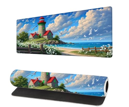 Gaming Mauspad Leuchtturm XXL 800x400x3mm, Landschaft Mousepad groß Schreibtischunterlage, Mouse Pad mit Vernähte Kanten, WassXerdicht Anti-Rutsch Mousepad, Verbessert Präzision und Geschwindigkei E-9 von Aynaeinn