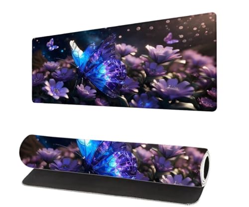 Gaming Mauspad Schmetterling XXL 1000x500x3mm, Blume Mousepad groß Schreibtischunterlage, Mouse Pad mit Vernähte Kanten, WassXerdicht Anti-Rutsch Mousepad, Verbessert Präzision und Geschwindigkei E-9 von Aynaeinn