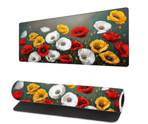 Mauspad XXL 1200x600x3mm, Blume Groß Mousepad Gaming mit Motiv, Mohn Verlängertes Mouse Pad Tastatur Matte, rutschfeste Gummibasis, Vernähte Kanten Anti-Rutsch Mauspad Desk Mat Für Laptop Office J-0 von Aynaeinn