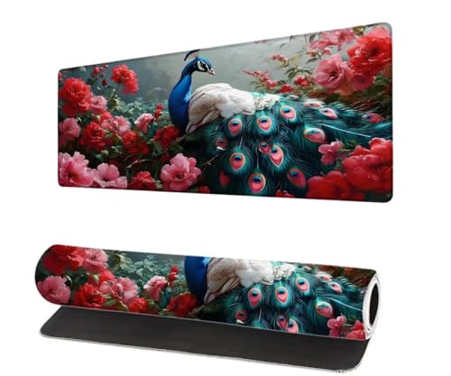 Mauspad XXL 700x300x3mm, Blume Groß Mousepad Gaming mit Motiv, Pfau Verlängertes Mouse Pad Tastatur Matte, rutschfeste Gummibasis, Vernähte Kanten Anti-Rutsch Mauspad Desk Mat Für Laptop Office P-6 von Aynaeinn