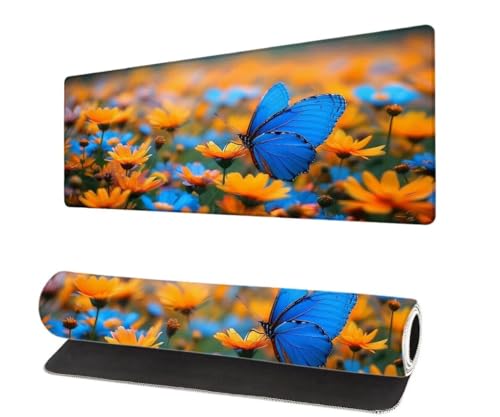 Mauspad XXL 700x300x3mm, Blume Groß Mousepad Gaming mit Motiv, Schmetterling Verlängertes Mouse Pad Tastatur Matte, rutschfeste Gummibasis, Vernähte Kanten Anti-Rutsch Mauspad Desk Mat Für Office U-5 von Aynaeinn