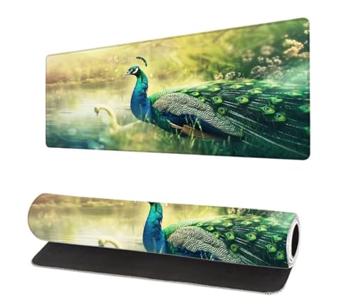 Mauspad XXL 700x300x3mm, Grün Groß Mousepad Gaming mit Motiv, Pfau Verlängertes Mouse Pad Tastatur Matte, rutschfeste Gummibasis, Vernähte Kanten Anti-Rutsch Mauspad Desk Mat Für Laptop Office F-2 von Aynaeinn