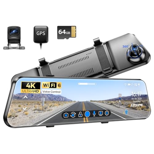 AZDOME 4K+2.5K HDR Dashcam Auto Vorne Hinten mit 5GHz WiFi Autokamera mit 128 GB-Karte, 12" IPS-Touchscreen Dual Dash Cam Spiegel, Super Nachtsicht, Sprachausgabe, 24H Parküberwachung, PG17 Pro von Azdome