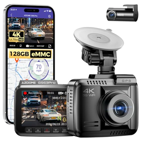 AZDOME Dashcam Auto Vorne Hinten 4K/2,5K Autokamera mit HDR, STARVIS Verbesserte Nachtsicht, 128GB eMMC, 5GHz WiFi, ADAS, Kein Licht Vollfarbe, GPS, Parküberwachung, Weitwinkel, G-Sensor,GS63Pro von Azdome