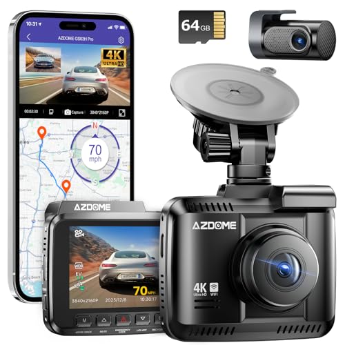 AZDOME Dashcam Auto Vorne Hinten 4K/2,5K GPS WiFi Dash Cam Auto mit 64GB SD Karte, Dual Auto Kamera, Parküberwachung, Super Nachtsicht, WDR, 170° Weitwinkel, G-Sensor, Loop-Aufnahme, GS63H Pro von Azdome