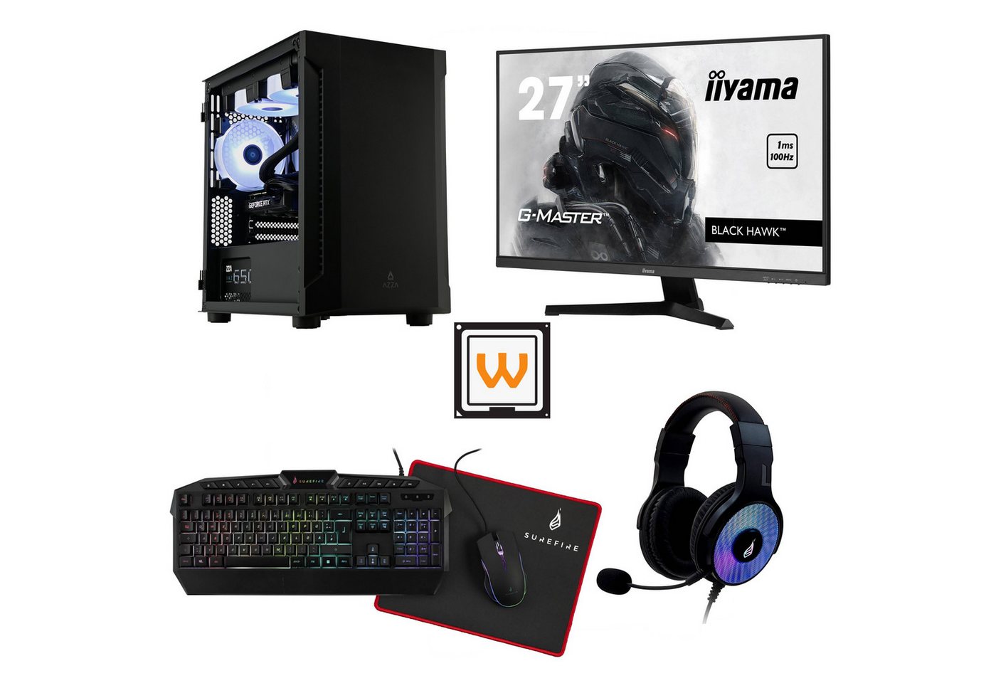 AZZA Bastion 120 Bundle Gaming-PC (27 Zoll, AMD Ryzen 5 5600X, RTX 4060Ti 8GB, 16 GB RAM, 250 GB SSD, Wasserkühlung, Ryzen 5 5600X, RTX 4060Ti 8GB, WLAN+BT, Windows 11 Pro, Wasserkühlung) von AZZA