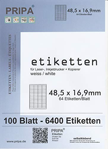 6400 Etiketten 48,5x16,9mm selbstklebend auf insgesamt 100 Blatt DIN A4, allround-Qualität weiss von B&S - PRIPA