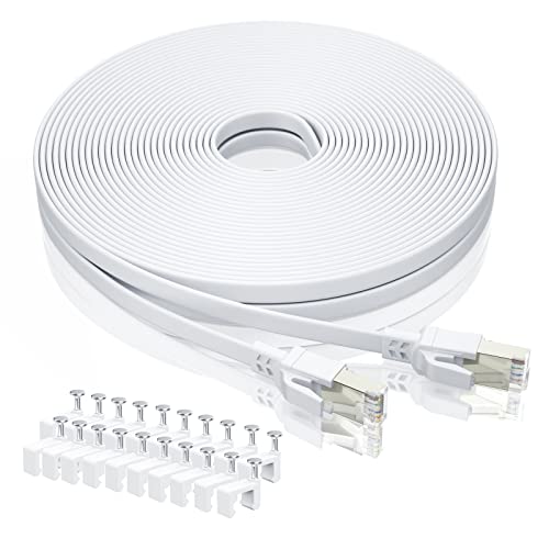 BAHIWOM Cat8 Ethernet-Kabel 15m mit Clips, 40 Gbit/s 2000 MHz Cat 8 Lan Kabel-Netzwerkkabel Gigabit RJ45 Patchkabel, Flach Internetkabel Kompatibel mit Router, mit Modem, mit PC, mit Laptop - Weiß von BAHIWOM