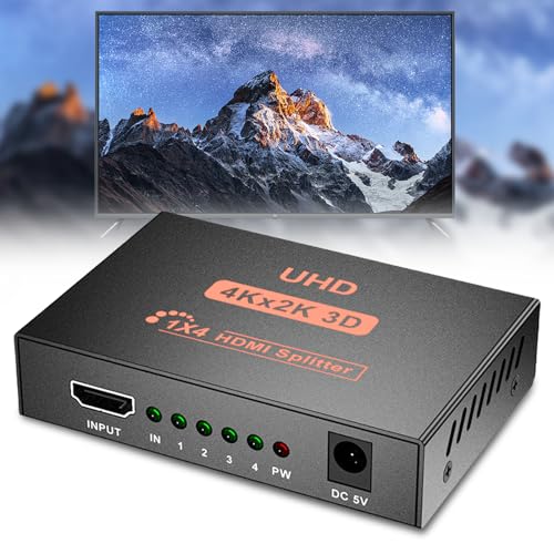 4K HDMI Splitter 1 in 4 Out, Schwarz 1x4 1080P 120Hz HDMI Verteiler 4 Monitore Gleichzeitig, HDMI Verteiler 1 in 4 Out UHD für HD TV, Fire Stick, Xbox, PS3, PS4, Blu-Ray DVD Player, Projector von BAIFULAI