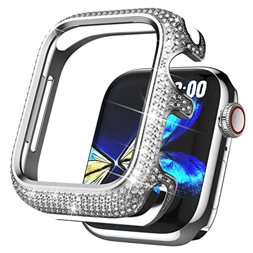 BAIHUIAM Bling Cases Kompatibel mit Apple Watch 40 mm SE/Serie 6 5 4, Edelstahl Schutzhülle mit funkelnden Strasssteinen Diamant Lünette Cover Hülle für Frauen Mädchen, Silber von BAIHUIAM