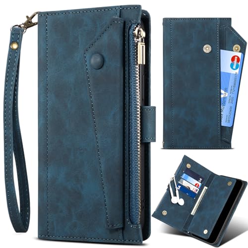 BAILI Handyhülle für Honor Magic7 Pro mit Kartenschlitzen und Kickstand, Magnetverschluss, [Reißverschlusstasche] Brieftaschenhülle für Honor Magic7 Pro-Blau von BAILI