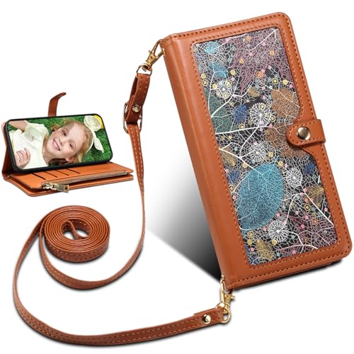 BAILI Handyhülle für Redmi A4 5G India Wallet Case mit Kartenfäch Ständer Redmi A4 5G India Blatt-Muster Tasche Handytasche-Braun von BAILI