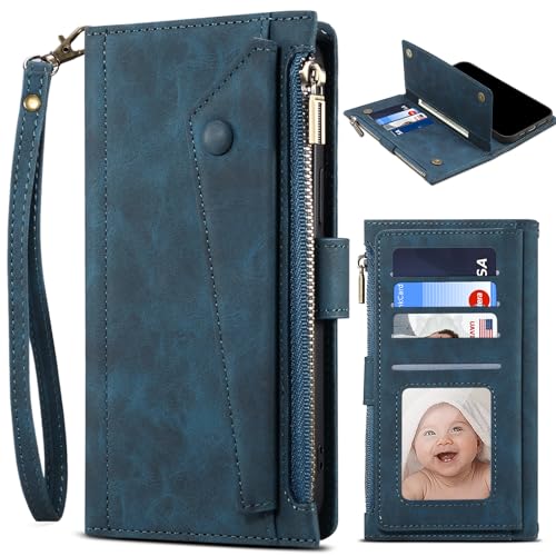 BAILI Zipper Wallet Case für Honor X60 Pro 5G, [Magnetverschluss][Reißverschlusstasche] Case Cover mit Card Slots Kickstand für Honor X60 Pro 5G-Blau von BAILI