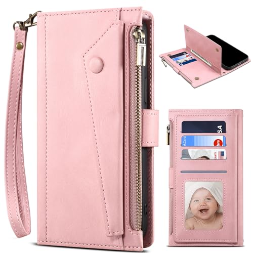 BAILI Zipper Wallet Case für Huawei nova 13 Pro, [Magnetverschluss][Reißverschlusstasche] Case Cover mit Card Slots Kickstand für Huawei nova 13 Pro-Rosa von BAILI