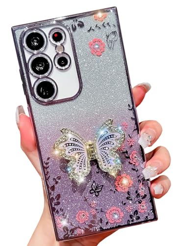 BANAILOA Design für Samsung Galaxy S21 Ultra Hülle Glitzer mit niedlichem Schmetterling Ständer Halter Weiche Kameraschutz Ultra Slim Galaxy S21 Ultra Hülle – 17,3 cm (6,8 Zoll) (Schmetterling-Lila) von BANAILOA