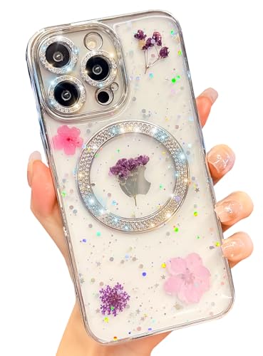 BANAILOA Design für iPhone 14 Pro, kompatibel mit Magsafe, luxuriöse echte Flwoers-Hülle, glitzernd, weiche Schutzhülle, 15,5 cm (6,1 Zoll), Violett von BANAILOA