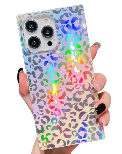BANAILOA Kompatibel mit iPhone 15 Pro, quadratischer Rand, funkelnder, holografischer Leopardenmuster, niedlich, schützend, weich, schlank, mädchenhafte Schutzhülle, entworfen für 15 Pro – 15,5 cm von BANAILOA