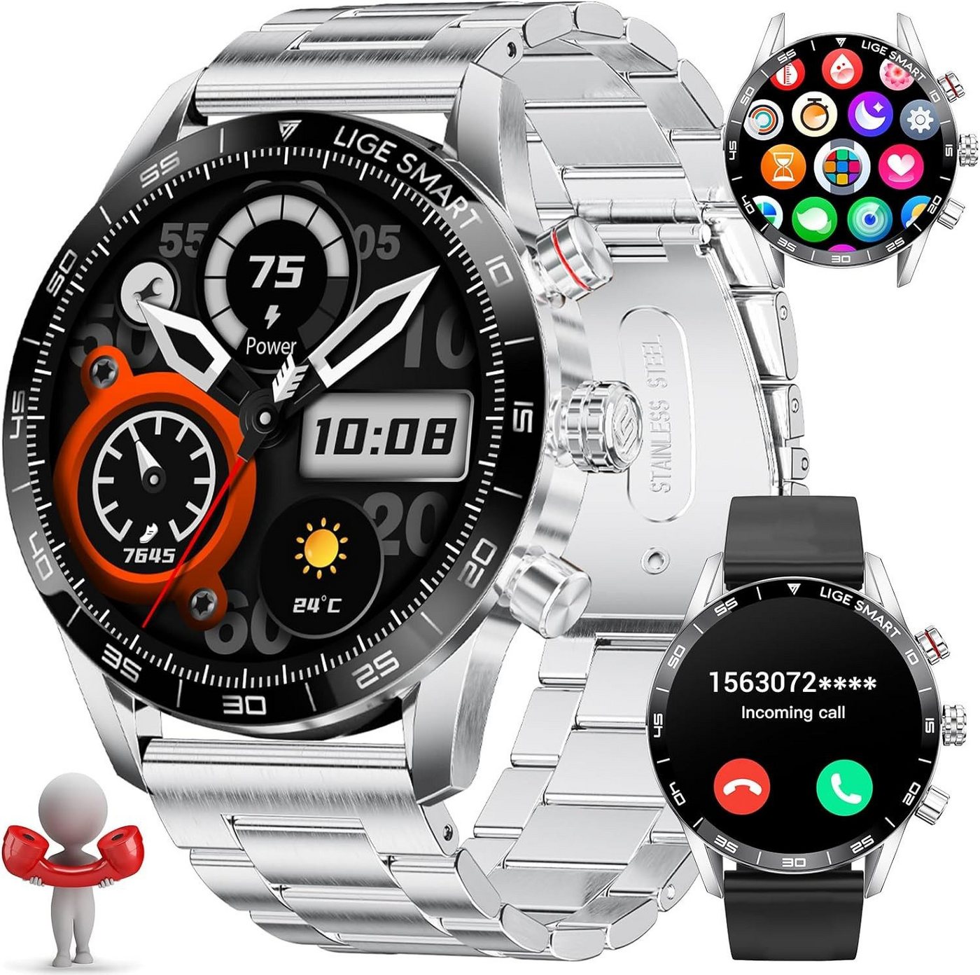 BANGWEI Fur Herren mit Telefonfunktion Anruf Annehmen Smartwatch (1.43 Zoll, Android / iOS), mit SpO2-Herzfrequenzmesser, Schrittzähler, IP68 Wasserdicht von BANGWEI