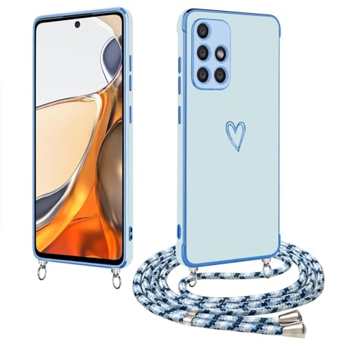 BAOJAY Hülle mit Umhängeband für Samsung Galaxy A51 4G,mit Herzmuster,Mädchen Frau Stoßfest Handykette Case,Ultra Dünn Galvanisierte TPU Weich Silikon Schutzhülle Blau von BAOJAY