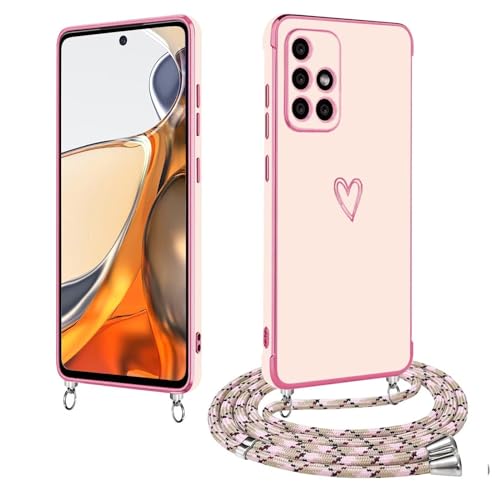 BAOJAY Hülle mit Umhängeband für Samsung Galaxy A51 4G,mit Herzmuster,Mädchen Frau Stoßfest Handykette Case,Ultra Dünn Galvanisierte TPU Weich Silikon Schutzhülle Rosa von BAOJAY