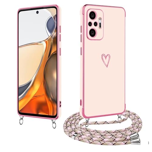 BAOJAY Hülle mit Umhängeband für XiaoMi RedMi Note 10 Pro,mit Herzmuster,Mädchen Frau Stoßfest Handykette Case,Ultra Dünn Galvanisierte TPU Weich Silikon Schutzhülle Rosa von BAOJAY