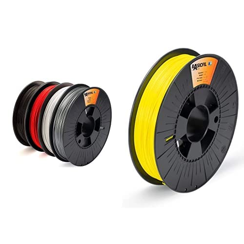 BASICFIL PLA (3D Drucker Filament) - COMBIPACK - 1.75mm, 4 x 500g, Schwarz/Weiß/Silber/Rot & BASICFIL PLA (3D Drucker Filament), 1.75mm, 500g, Gelb (Yellow) von BASICFIL