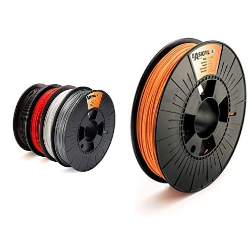 BASICFIL PLA (3D Drucker Filament) - COMBIPACK - 1.75mm, 4 x 500g, Schwarz/Weiß/Silber/Rot & BASICFIL PLA (3D Drucker Filament), 1.75mm, 500g, Orange von BASICFIL