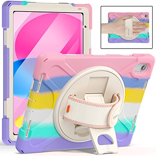 BATYUE Hülle für iPad 10th Generation 27.7 cm 2022, Schutzhülle Rugged Kids Case mit Stifthalter, Displayschutzfolie, Schultergurt, Handschlaufe, Kickstand, für Apple iPad 10th Gen (Colorful Pink) von BATYUE