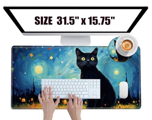 Großes Mauspad, Gaming-Schreibtischunterlage, Nachthimmel, Katze, Mauspad für kabellose Maus, XXL, 80 x 40 cm, große Schreibtischunterlage, erweitertes Mauspad für Mädchen, Desktop-Computer mit von BBSujane