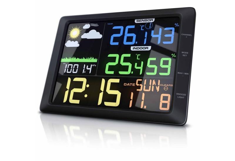 BEARWARE mit Farbdisplay & Außensensor, Luftdruck, Temperatur, Wettervorhersage Wetterstation (Außensensor, USB-Kabel, Bedienungsanleitung, Barometer, Frostalarm, Datum, Uhrzeit, Wecker mit Schlummerfunktion) von BEARWARE