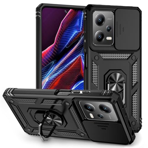 BEEJTUNY Handyhülle für Xiaomi Redmi Note 12 Pro 5G/Poco X5 Pro mit Ring, Magnet Hülle mit Objektiv Cover, Xiaomi Redmi Note 12 Pro 5G/Poco X5 Pro Schutzhülle mit Dreh Standfuß. Schwarz von BEEJTUNY