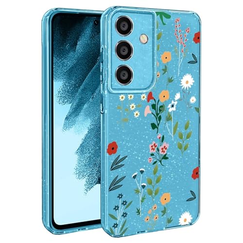 BEENTRYS Blumen Handyhülle für Samsung Galaxy M35 5G,Glitzer Floral Aesthetic Design Frauen Mädchen Stoßfeste Weiche TPU Silikon Glitter Schutzhülle für Samsung Galaxy M35 5G(S202-Blau) von BEENTRYS