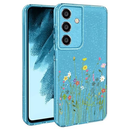 BEENTRYS Blumen Handyhülle für Samsung Galaxy S24 FE,Glitzer Floral Aesthetic Design Frauen Mädchen Stoßfeste Weiche TPU Silikon Glitter Schutzhülle für Samsung Galaxy S24 FE(S201-Blau) von BEENTRYS