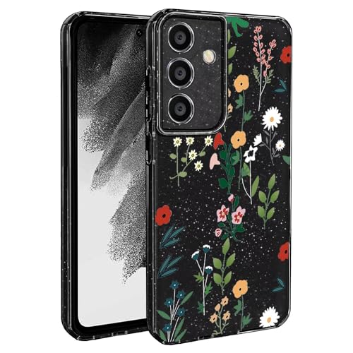 BEENTRYS Blumen Handyhülle für Samsung Galaxy S24 FE,Glitzer Floral Aesthetic Design Frauen Mädchen Stoßfeste Weiche TPU Silikon Glitter Schutzhülle für Samsung Galaxy S24 FE(S202-Schwarz) von BEENTRYS