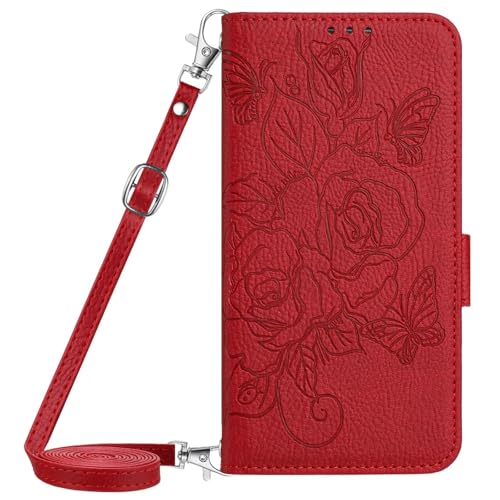 BEENTRYS Premium Leder Handyhülle für Xiaomi Redmi Note 12 Turbo 5G hülle,Flip Wallet Rose Blume Kartenfach Ständer Kickstand RFID Magnetisch Stoßfest PU Klapphülle-Rot von BEENTRYS