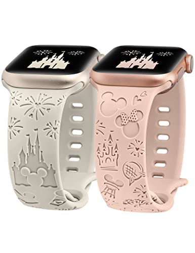 BEEXI 2 Stück Cartoon Gravierte Armband Kompatibel mit Apple Watch Armband 41mm 38mm 40mm Damen Herren, Silikon Fancy Cute Design Sport Armbänder für iWatch Serie 9/8/7/6/5/4/3/2/1/SE von BEEXI