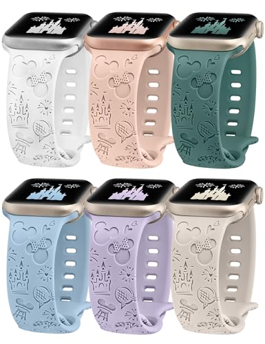 BEEXI 6 Stück Cartoon Gravierte Armband Kompatibel mit Apple Watch Armbänder 41/40/38mm 45/44/42/49mm Damen, Weiches Silikon Niedliches Designer Armband für iWatch Ultra 2 Serie 9/8/7/6/5/4/3/2/1/SE von BEEXI