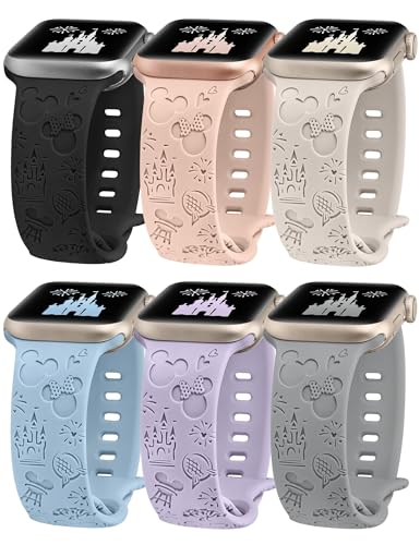 BEEXI 6 Stück Cartoon Gravierte Armband Kompatibel mit Apple Watch Armbänder 41/40/38mm 45/44/42/49mm Damen, Weiches Silikon Niedliches Designer Armband für iWatch Ultra 2 Serie 9/8/7/6/5/4/3/2/1/SE von BEEXI